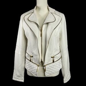 The‎ Fillmore Cropped Quilted Moto Jacket M Gold Zip Faux Leather Trim Baddie